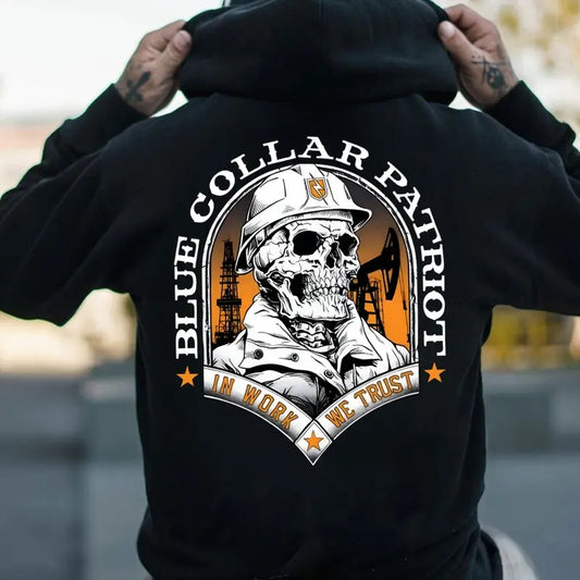 Blue Colar Patriot In Work We Trust Back Side Printed T-shirt - Crewneck Sweatshirt - Hoodie, Dirty Hands Honest Money Howitzer Patriot Streetwear, Workwear Classic Cotton Menswear