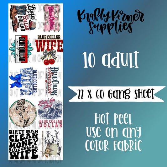 Blue Collar DTF Transfer Gang Sheet, 22 x 60