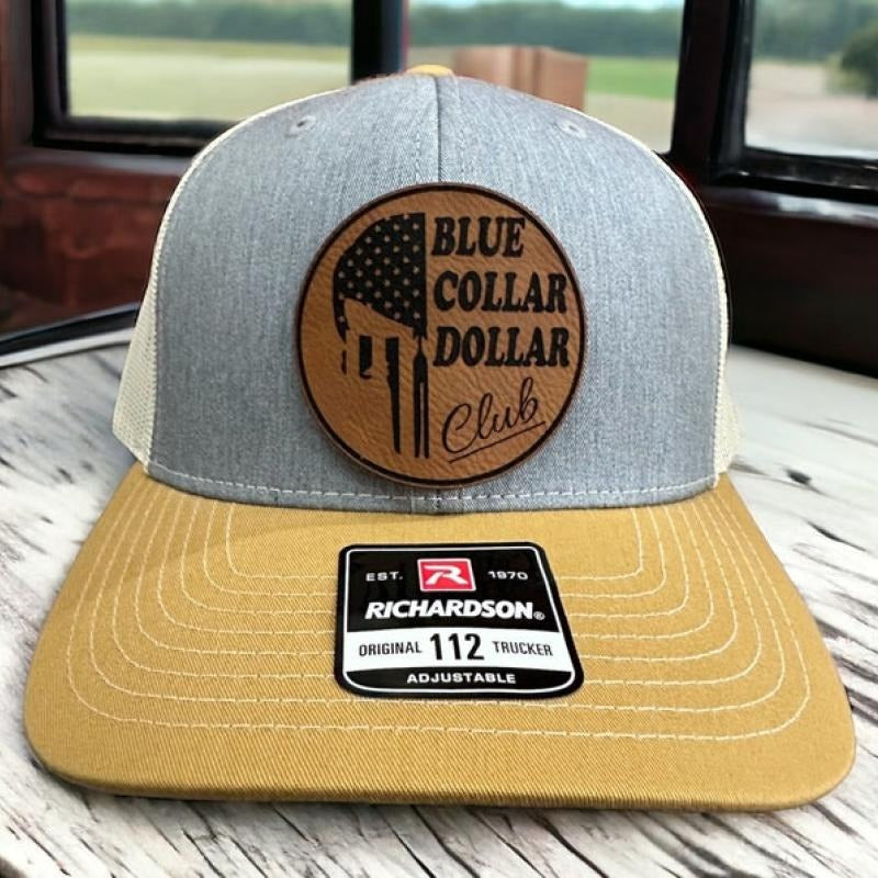 Blue Collar Dollar Club Leather Patch Hat | Dirty Hands Clean Money Custom Trucker Hat | Gift For Him Unique | Richardson...