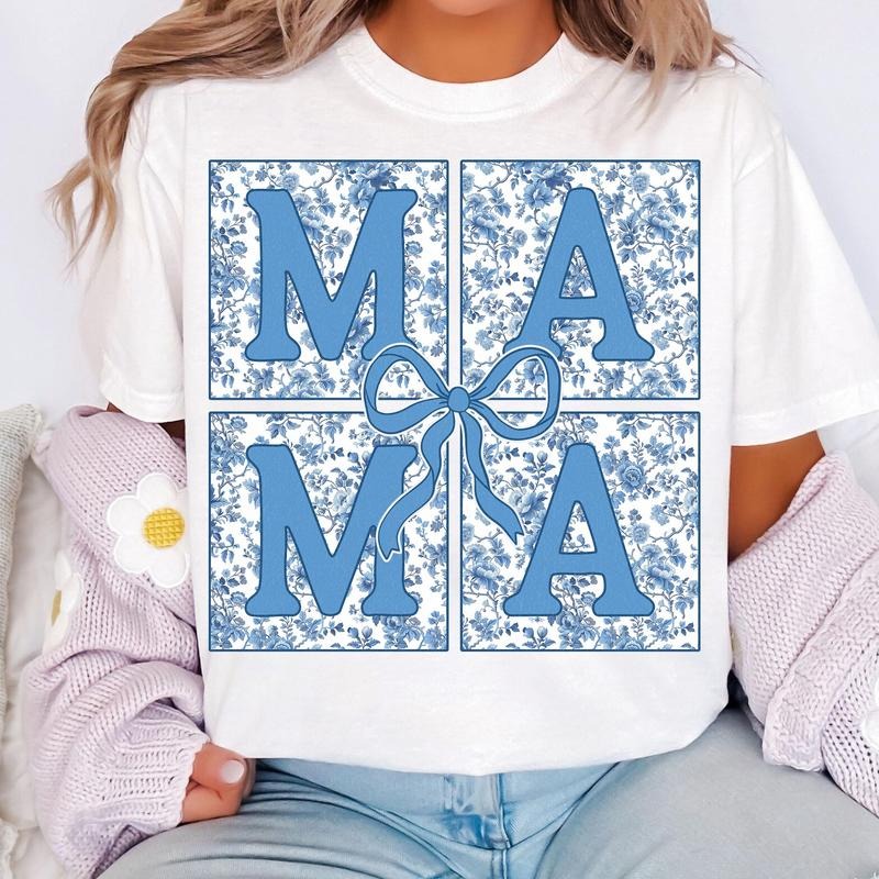 Blue Floral Chinoiserie Mama Coquette T-Shirt, Mama T-Shirt, Mama Varsity T-Shirt, Mothers Day T-Shirt, Gift for Mom, Mama bow T-Shirt