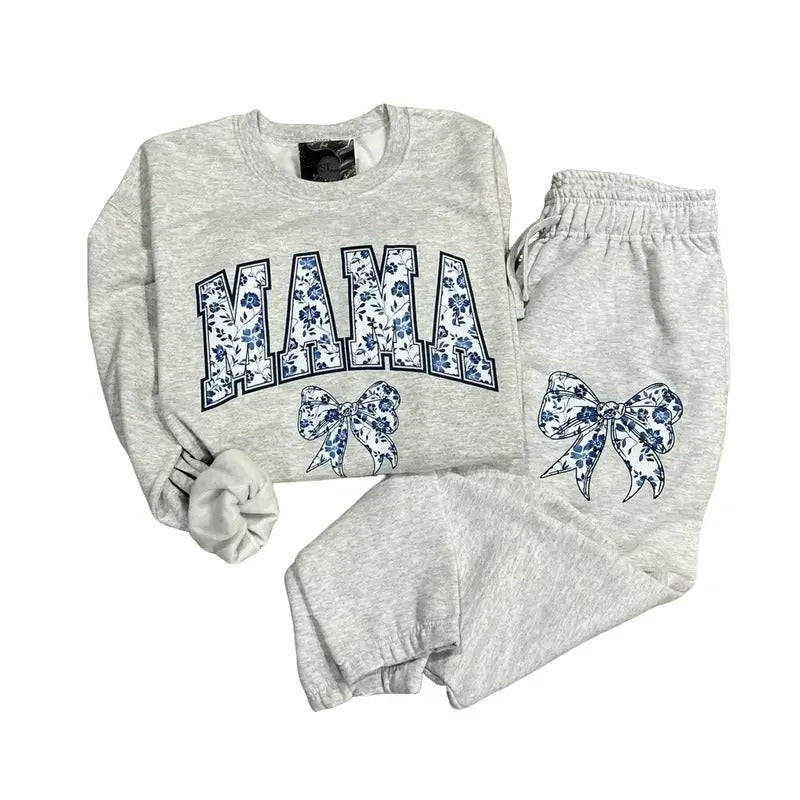 Blue Floral Mama Bow Sweater & Jogger Pants Sold Separately - Plus Size Options for Women's Clothing - Womenswear Comfort...
