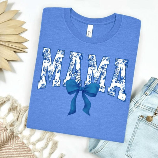 Blue Floral Mama with Bow Graphic Tee