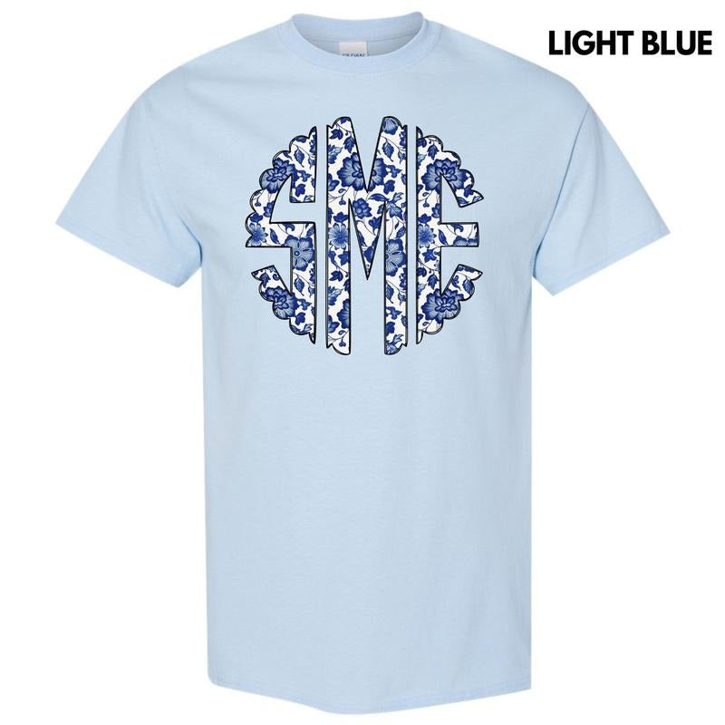 Blue Floral Monogram Gildan Short Sleeve T-Shirt 'NLB' Hoodie, Sweatshirt | DripVista.com