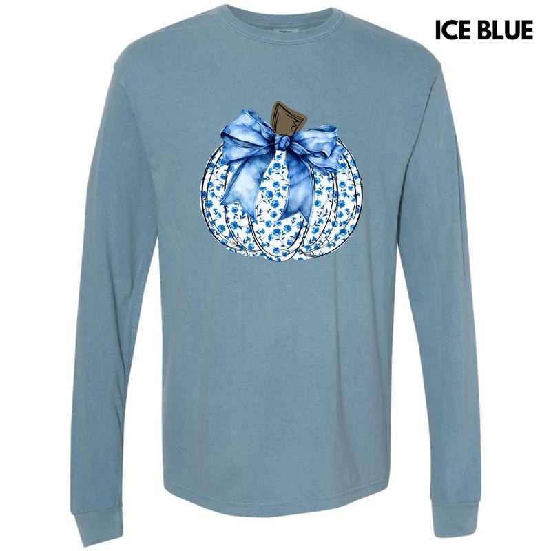 Blue Floral Pumpkin Long Sleeve Comfort Colors T-Shirt 'NLB'