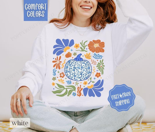 Blue Floral Pumpkin Sweatshirt Comfort Colors, Fall Sweater Womenswear Autumn Crewneck
