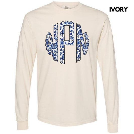 Blue Florals Monogram Long Sleeve Comfort Colors T-Shirt 'NLB'