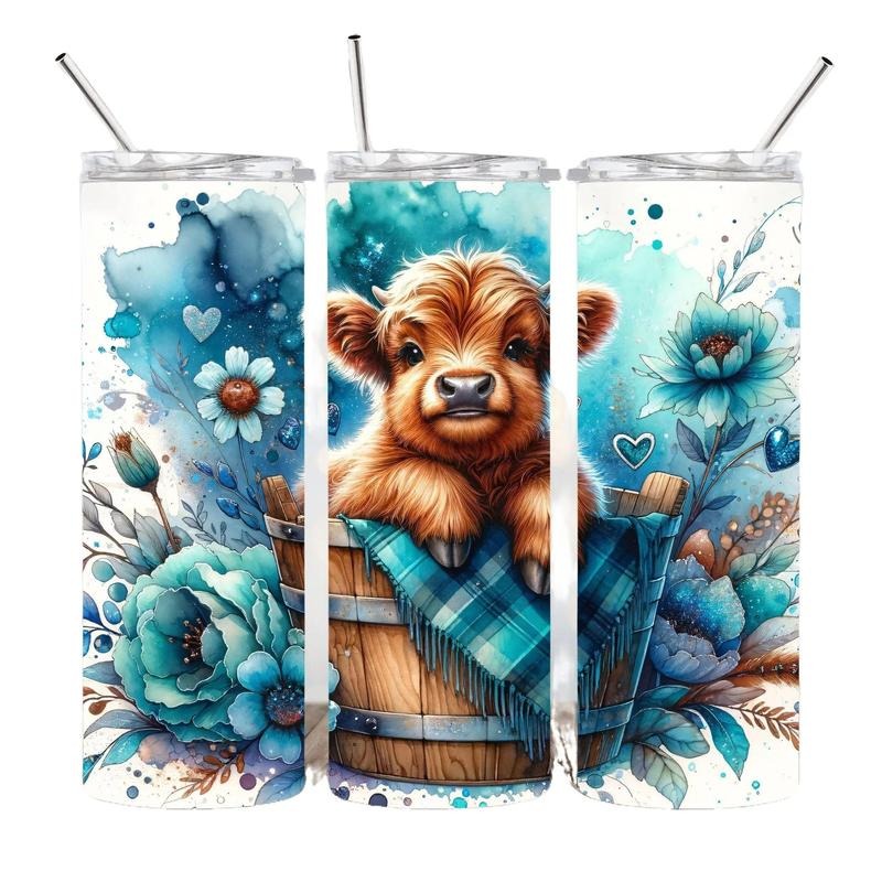 Blue Highland Cow With flowers 20oz Stainless steel tumbler T-Shirts, Hoodie, Sweatshirt | DripVista.com
