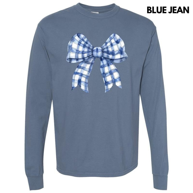Blue Plaid Big Bow Long Sleeve Comfort Colors T-Shirt 'NLB' Hoodie, Sweatshirt | DripVista.com