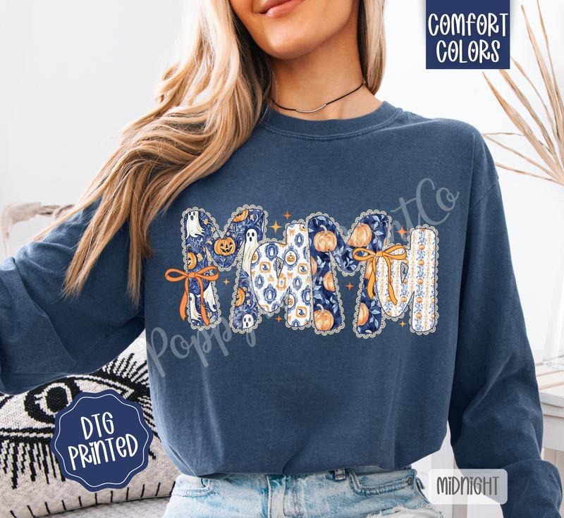 Blue Pumpkin Mama Comfort Colors Long Sleeve T-Shirt, Cute Women's Fall Tee