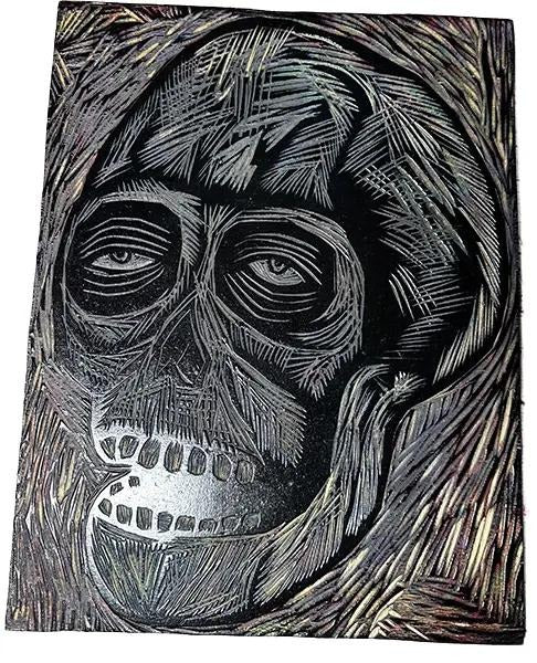 Blue Skull Multiblock Color Woodcut Print on Arnhem Gray Paper Contemporary Art Wall Decoration 15x20"