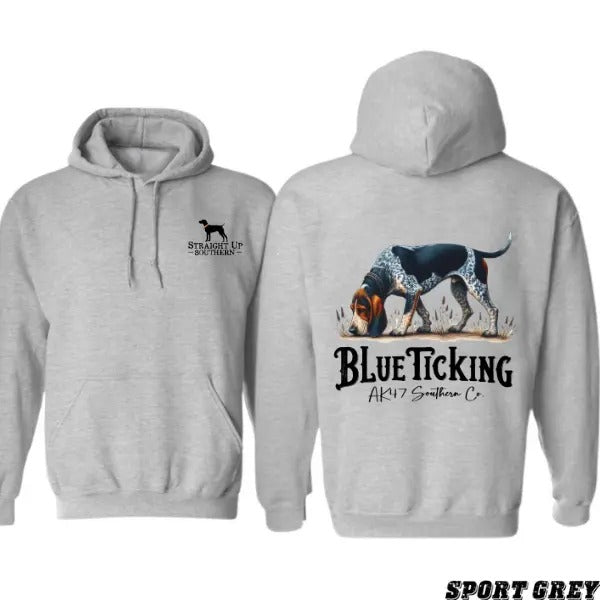 Blue Ticking T-shirt Sweatshirt Hoodie - A unisex hoodie featuring a unique hunting dog design, perfect for those who appreciate Southern style and hunting traditions.