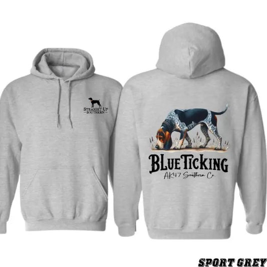Blue Ticking T-shirt Sweatshirt Hoodie - A unisex hoodie featuring a unique hunting dog design, perfect for those who appreciate Southern style and hunting traditions.