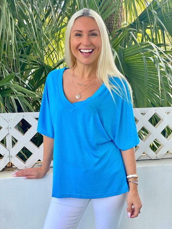 Blue V-Neck Tee Hoodie, Sweatshirt | DripVista.com