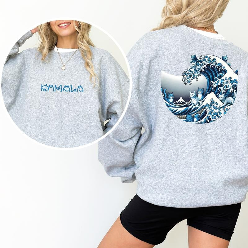 Blue Wave Cat 2-Sided Sweatshirt, Ukiyo-e Inspired Japanese Artistic Cats Crewneck, Childless Cat Ladies Tops, Trendy Cat Wave CrewnecFor Women, Cat Mom Sweatshirt, Cat Lover Gift, Comfy Long Sleeve Pullover, Oversized Casual Womenswear, Comfy Cotton Tops