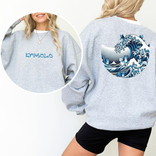Blue Wave Cat 2-Sided Sweatshirt, Ukiyo-e Inspired Japanese Artistic Cats Crewneck, Childless Cat Ladies Tops, Trendy Cat Wave CrewnecFor Women, Cat Mom Sweatshirt, Cat Lover Gift, Comfy Long Sleeve Pullover, Oversized Casual Womenswear, Comfy Cotton Tops