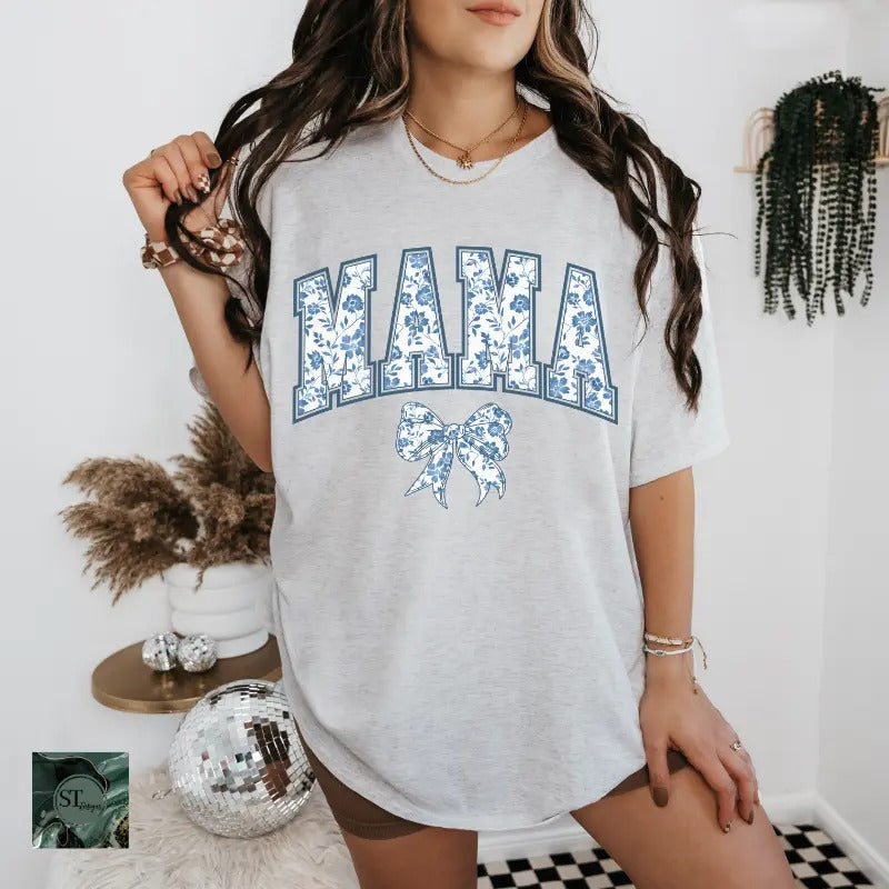 Blue or Pink Floral Mama Bow Lightweight Grey T-Shirt plus size and regular size Hoodie, Sweatshirt | DripVista.com