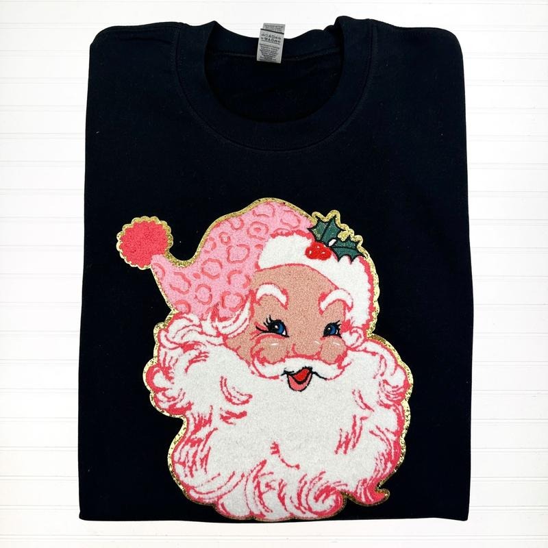 Blushing Pink Santa Patch Sweatshirt --- BLACK T-Shirts, Hoodie | DripVista.com