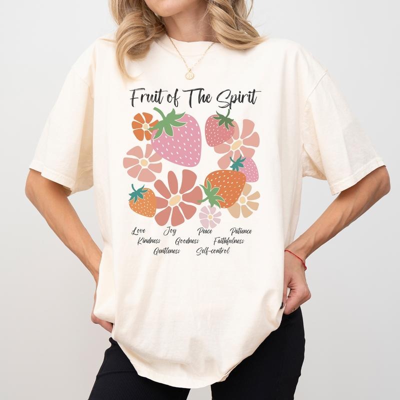 Boho Christian Strawberry Shirt Comfort Colors, Bible Verse Crewneck Women Tee, Faith Based Gifts, Jesus Spiritual...
