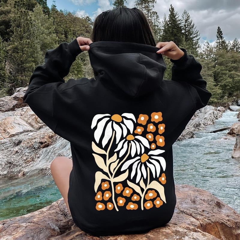 Boho Daisies, Boho Retro Floral Design Hoodie T-Shirts, Sweatshirt | DripVista.com