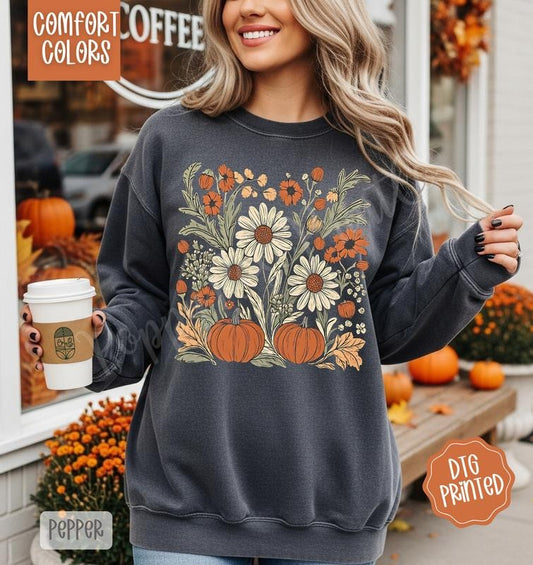 Boho Fall Floral Comfort Colors Sweatshirt, Trendy Women's Autumn Crewneck
