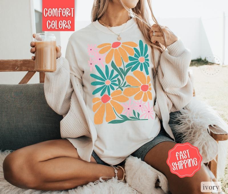 Boho Floral 8 Shirt Comfort Colors, Wildflower Tshirt, Boho Tee, Oversized Women's Shirt Hoodie, Sweatshirt | DripVista.com