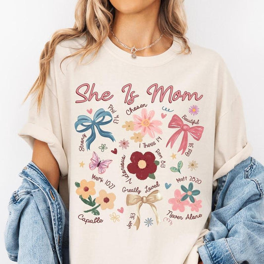 Boho Floral Mama Shirt, She is Mom Shirt, Mothers Day Shirt, Christian Mama Shirt, Floral Spring Shirt, Mama Wildflower Shirt Coquette