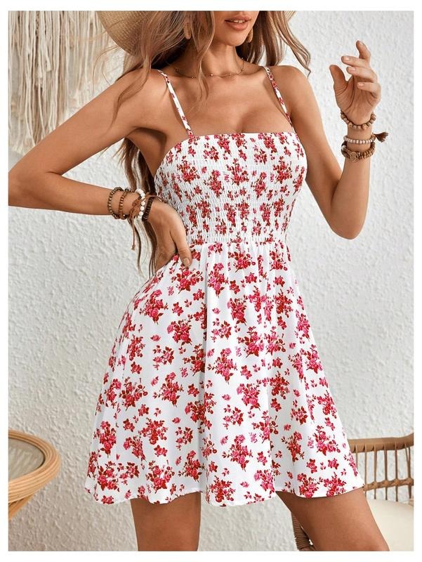 Boho Floral Print Sleeveless Sundress Ruched Bust Flare Hem Vacation Cami Short Dress T-Shirts, Hoodie, Sweatshirt