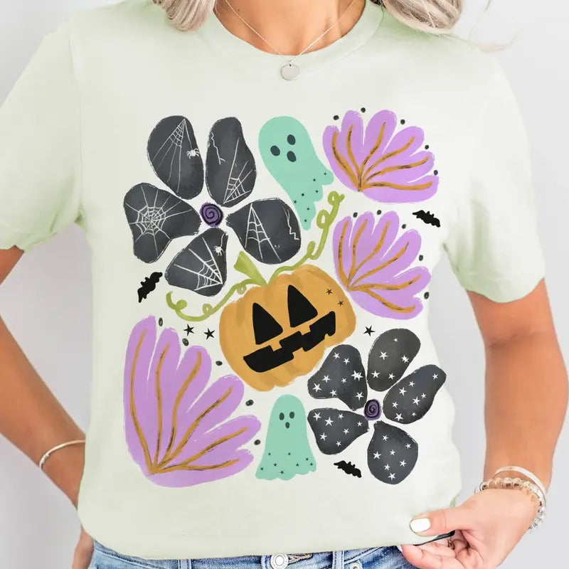 Boho Halloween Tee Floral Halloween Tshirt Blue Ghost and Flower T-Shirt Sweet Jack-O-Lantern Floral Top Womens Fall...