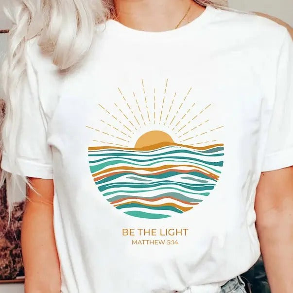 Boho Retro Be The Light Matthew 5:14 Christian TShirt, Boho Bible Verse Sunburst Sea Sun Religious Jesus God...