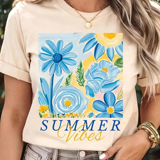 Boho Summer Vibes Floral Shirt, Watercolor Summer Vibes Girly Tee, Trendy Summer Shirt, Gift for Her, Hello Summer Gift