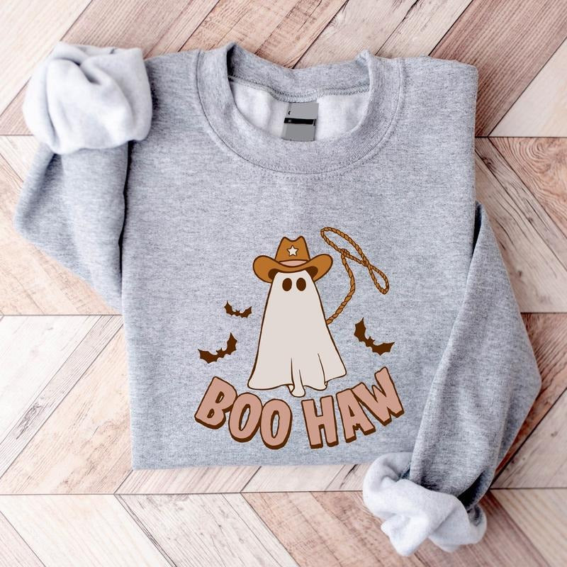 Boo Haw Sweatshirt, Funny Ghost Halloween Hoodie, Unisex Western Halloween Gift Sweater, Matching Spooky Season Long Sleeve, Cowboy Gift Hoodie For Halloween.