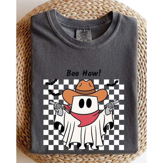 Boo Haw, Cowboy Ghost, Checkered, Western, Halloween Shirt, Women's Comfort Color Tee, Tshirt