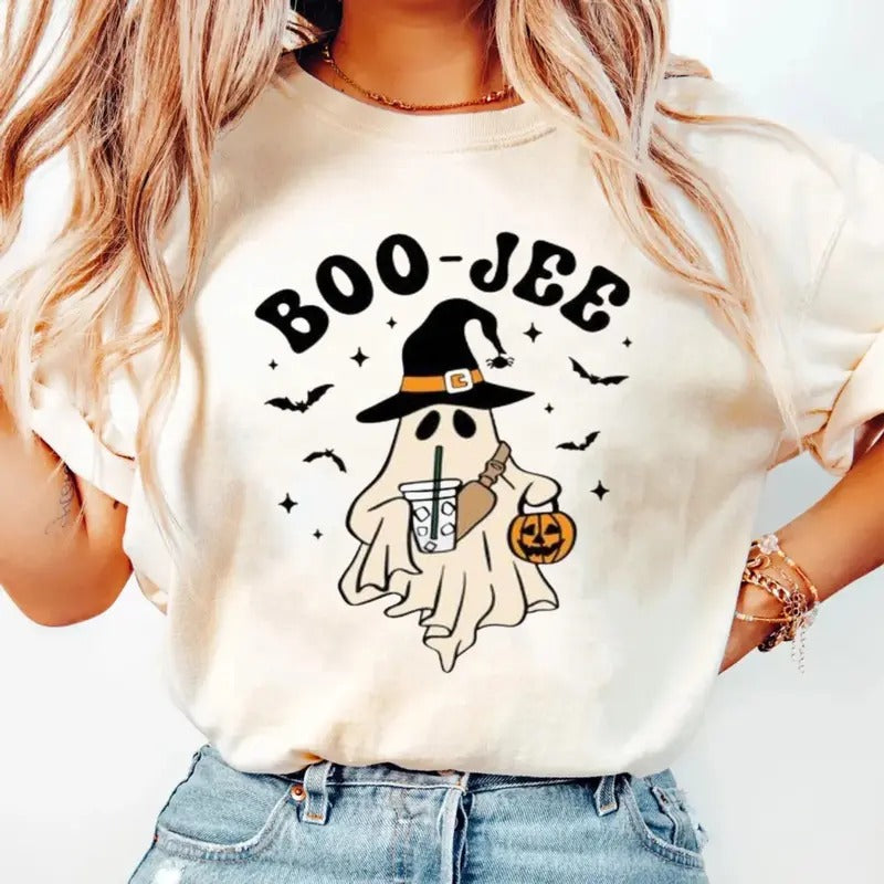 Boo Jee Ghost Shirt, Cute Boo Jee Ghost Halloween Shirt, Cowboy Ghost, Witch, Cute Little Ghost Tee, Unisex Short Sleeve Tee Womenswear Cotton Casual Women