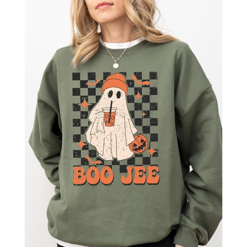 Boo-Jee Ghost, Checkered, Retro, Halloween, Coffee Drink Sweatshirt T-Shirts, Hoodie | DripVista.com