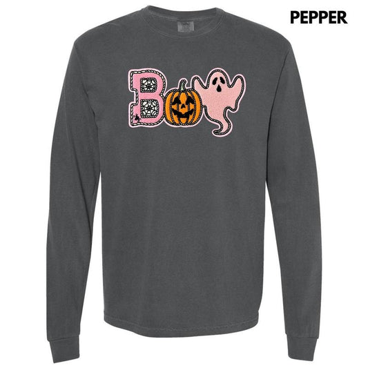 Boo Spider Pumpkin Ghost Chenille Patch Long Sleeve Comfort Colors T-Shirt