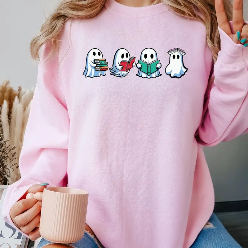 Book lovers ghost reading books Crewneck Sweatshirt T-Shirts, Hoodie | DripVista.com
