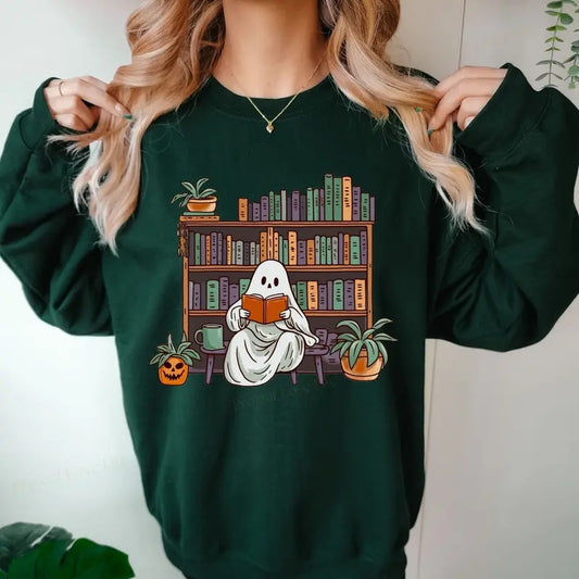 Bookish Ghost Sweater Spooky Library Shirt for Book Lover Reading Sweatshirt Cottagecore Pumpkin Crewneck Librarian Appreciation Gift