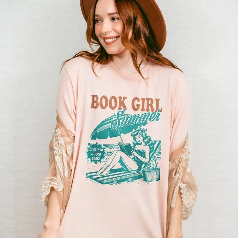 Bookish Tees Book Girl Summer Shirt, Beach Book Lover Summer Bookish Teacher Tshirt Book Gift Beach Shirt Bookish Vacation Shirt Coconut Girl Reader Tees
