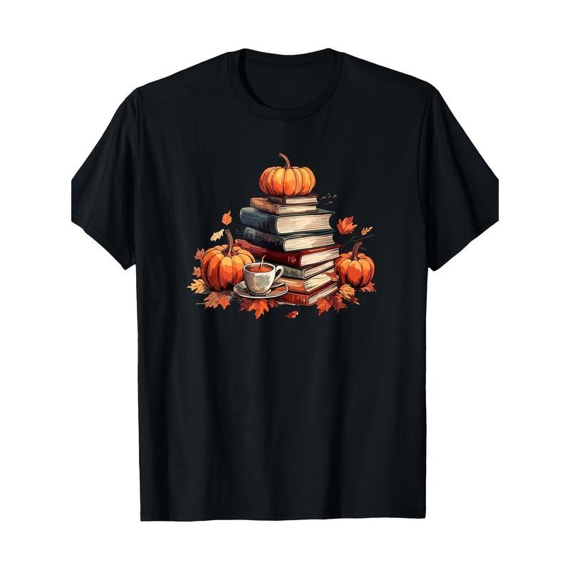 Books Coffee Autumn Leaves and Pumpkin Vintage Library T-shirt Made in USA