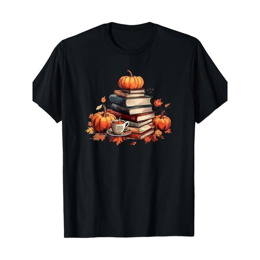 Books Coffee Autumn Leaves and Pumpkin Vintage Library T-shirt Made in USA