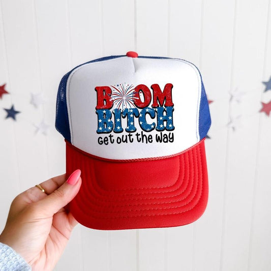 Boom Bitch, Get Out The Way, Sassy, Funny, Patriotic, Snapback Trucker Hat, America, USA, Independence Day, Patriotic Cap for Women, Sassy Graphic Hats