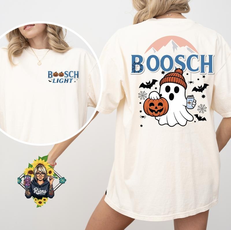 Booosch Light Spooky Cute Comfort Colors Tshirt with Ghost Pumpkin Design and "BOOSCH" Text on Front