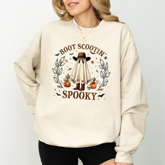 Boot Scoot Spooky Cowboy Ghost Sweatshirt, Vintage Western Ghost Sweater, Funny Halloween Boo-Haw Crewneck, Let's Go Ghouls, Fall Cowgirl Sweater, Halloween Party Tops, Comfy Long Sleeve Pullover, Women's Tops, Casual Womenswear, Comfort Fabric Cotton Top