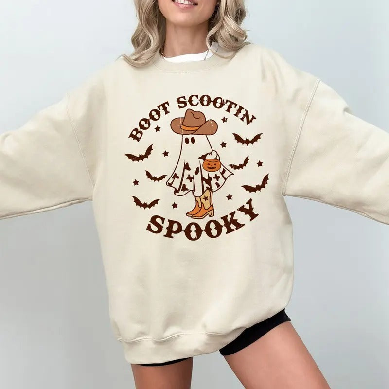 Boot Scootin Spooky Sweatshirt, Cute Ghost Shirt, Halloween Sweatshirt, CowGirl Ghost Sweatshirt, Western Halloween Sweatshirt