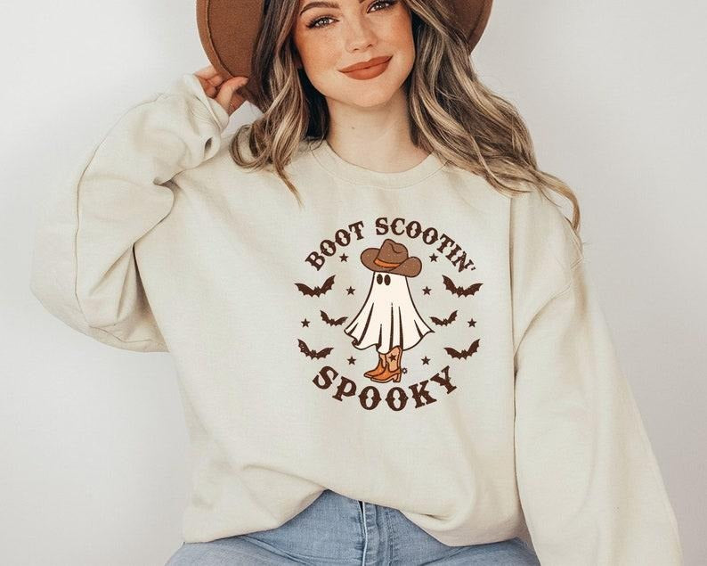 Boot Scootin Spooky Sweatshirt, Cute Spooky Sweatshirt, Halloween Gift, Halloween Sweatshirt,Cowboy Ghost Shirt,Western Halloween Sweatshirt Fabric Loose