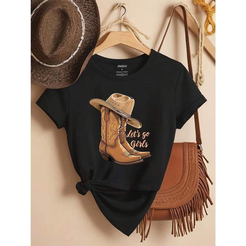 Boots Print Crew Neck T-Shirt, Casual Short Sleeve Top For Spring & Summer, Women'WB shield Clothing style 02 Hoodie,...