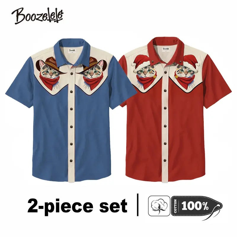 Boozelele 2 Straw hat pirates Christmas Unisex Vintage Classic Western Cowcat Cute Cat Cowboy Print Short Sleeve Shirt...