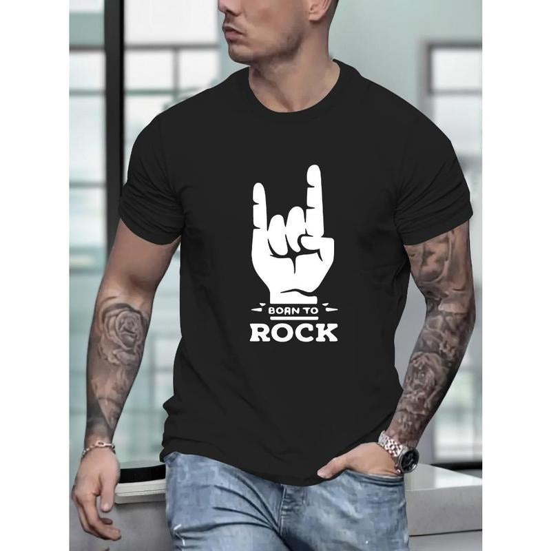 Born To Rock Print Tee Shirt, Tees For Men, Casual Short Sleeve T-shirt For Summer Made in USA