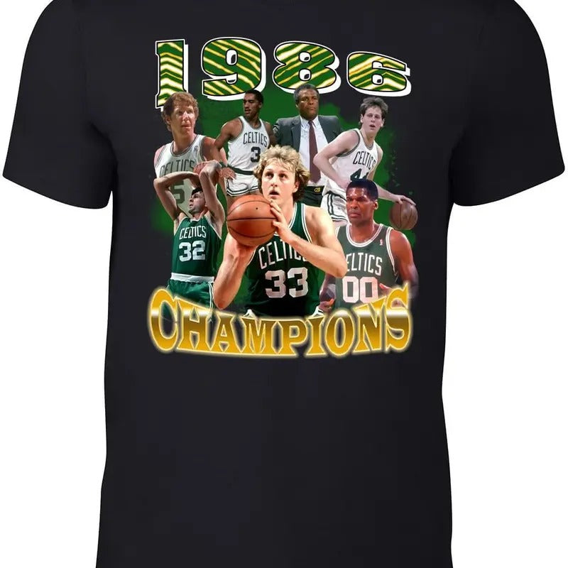 Boston 1986 Champions Larry Bird Bill Walton Bootleg Style T-Shirt