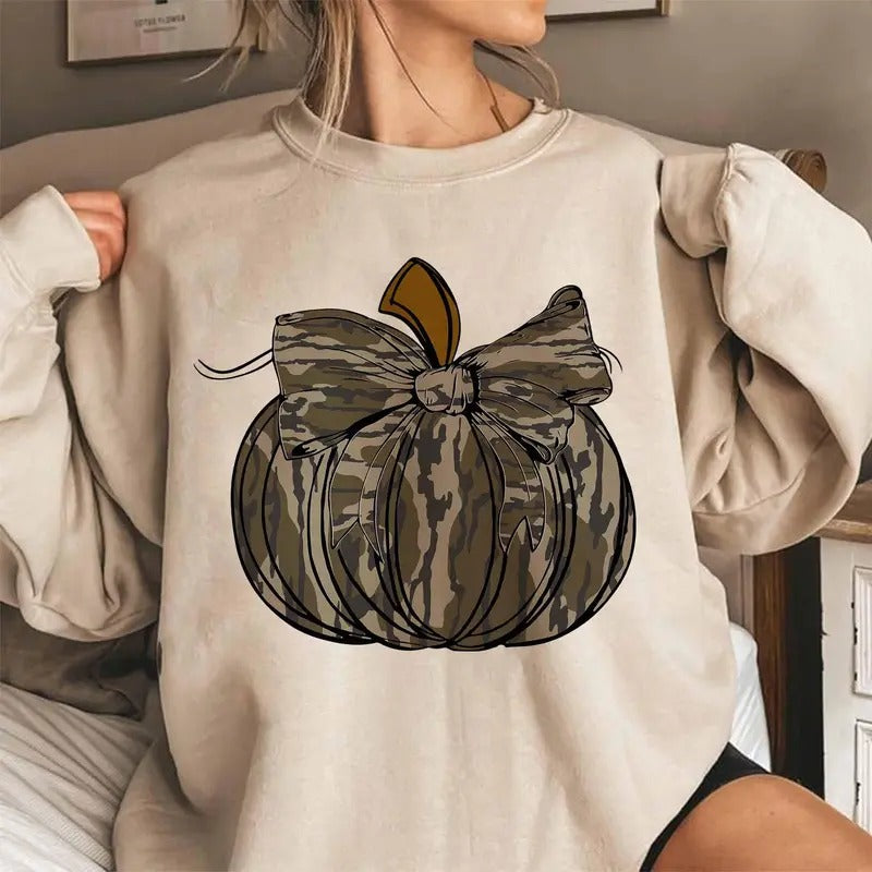 Bottomland Camo Coquette Bow Pumpkin Sweatshirt, Camo Pumpkin Bow, Preppy Hunting Pumpkin, Camouflage Bow, Girls Camo Bow...